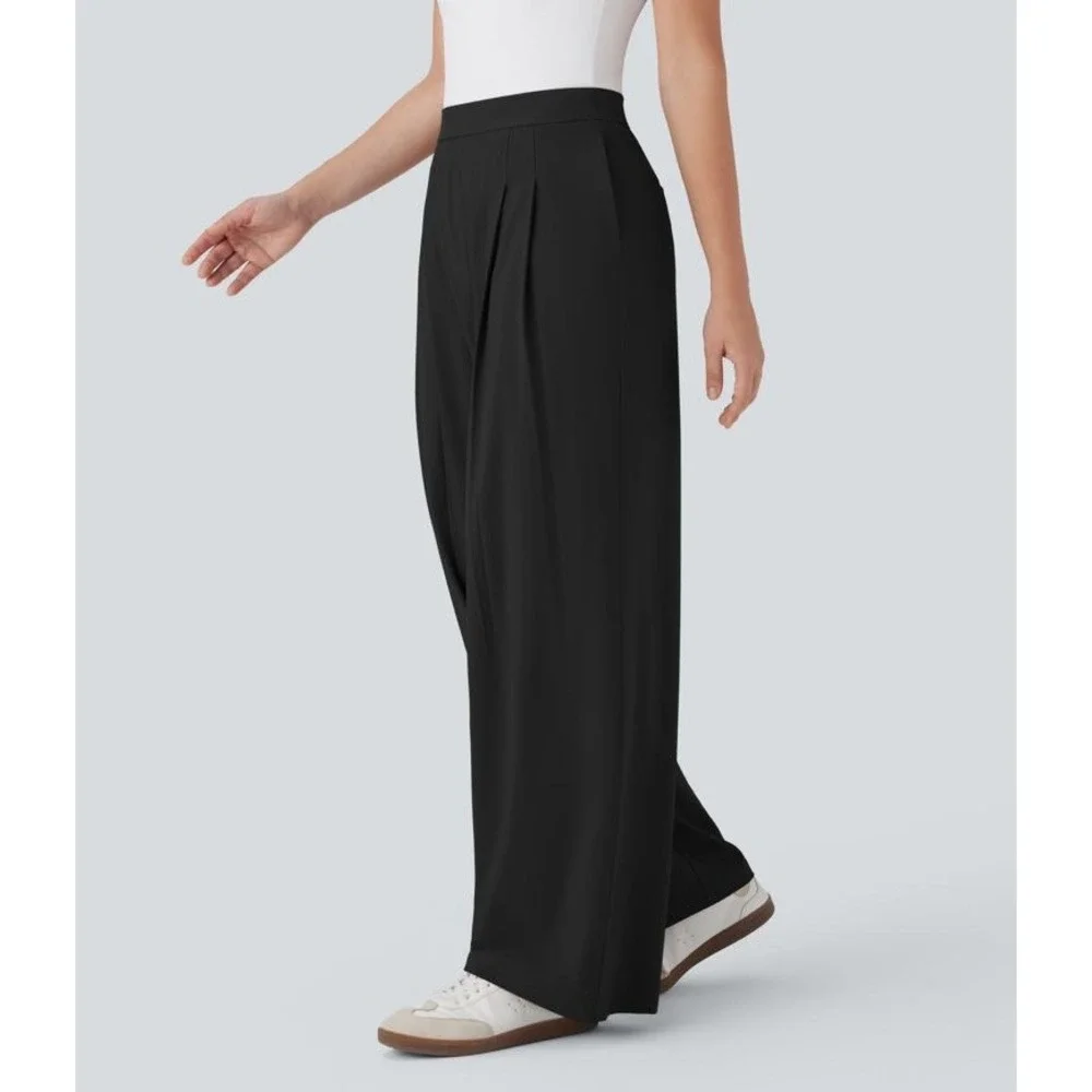 Halara Black High Waisted Wide Leg Pleated Trousers Size M Regular Flowy Pants